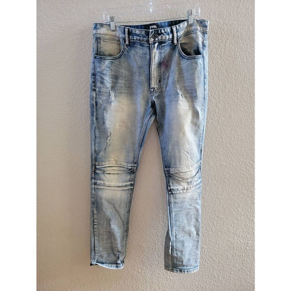 Fbrk Men's Light Wash Blue Zip Fly Distressed Biker Denim Jeans Size 34/34